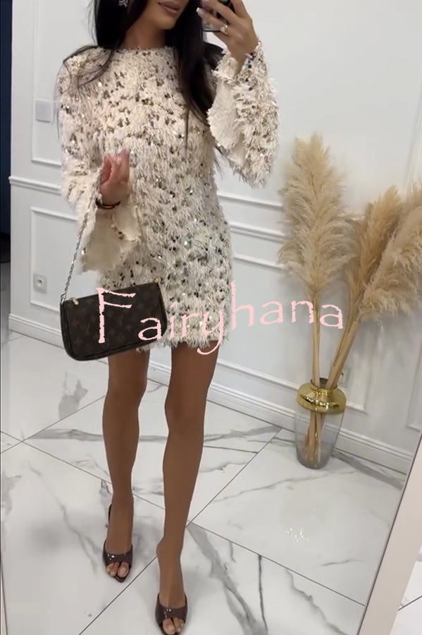 Twilight Ember Knit Sequin Tassels Wide Neck Long Bell Sleeve Mini Dress