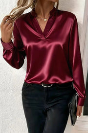 Solid Color Satin Loose V-neck Long-sleeved Casual Shirt