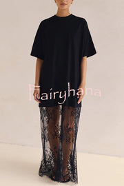 Ophelia Short Sleeve Sheer Floral Lace Hem Oversized T-shirt Maxi Dress