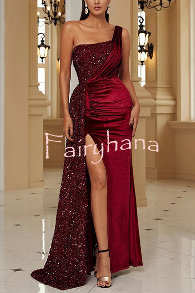 Taylor Sequin Velvet Patchwork One Shoulder Ruched Slit Prom Maxi Dress