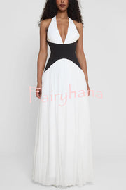 Fashionable Color Matching Sexy Halter Neck Waist Maxi Dress