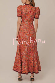 Bohemian Floral Print Elegant Puff Sleeve Holiday Maxi Dress