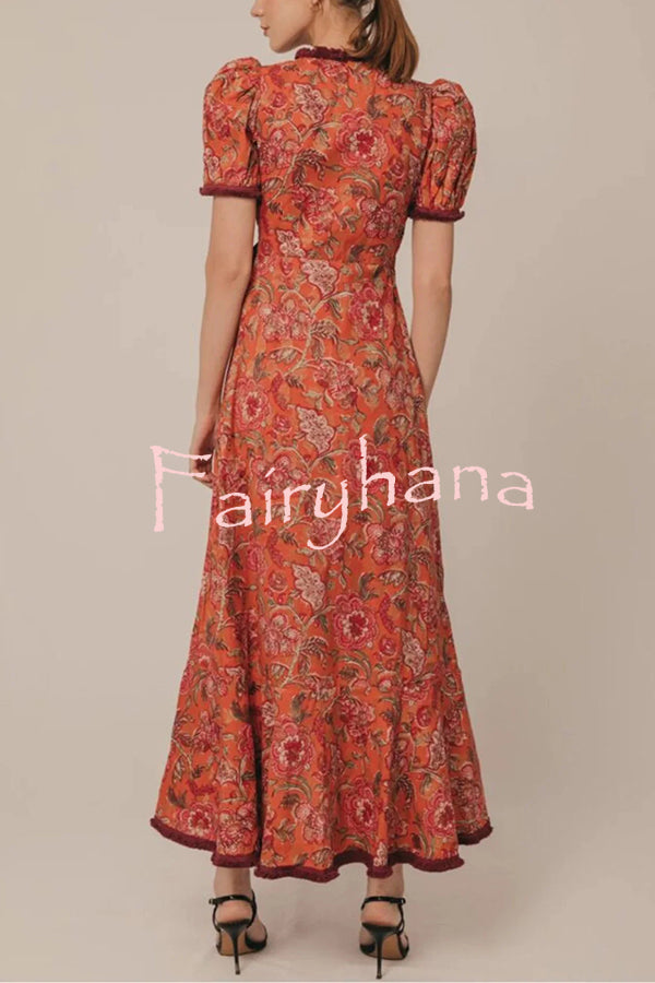 Bohemian Floral Print Elegant Puff Sleeve Holiday Maxi Dress