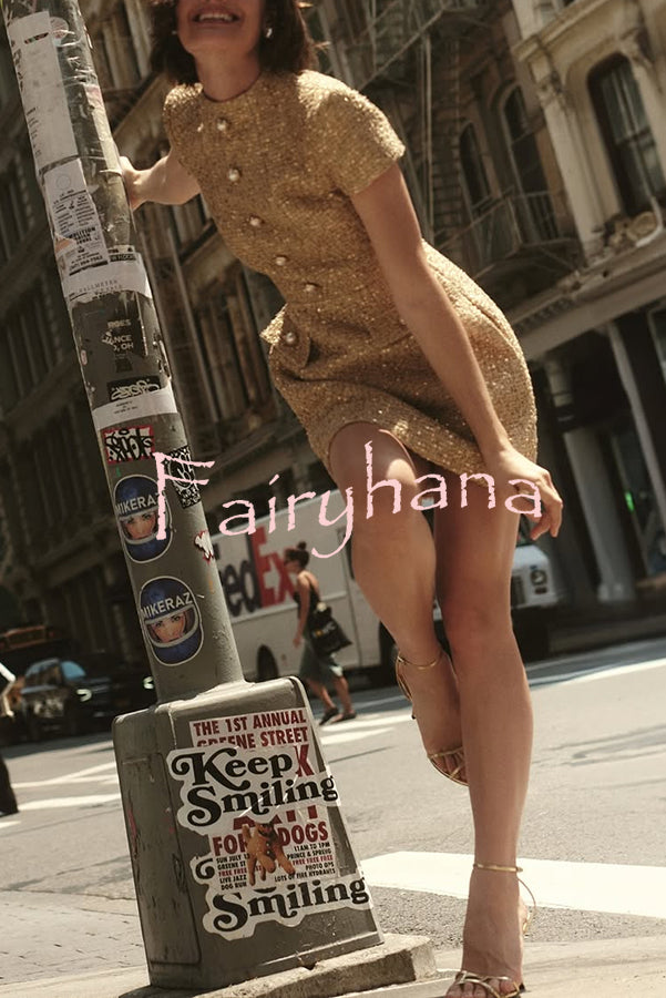 Gold Standard Tweed Fabric Pearl Button Short Sleeve Pocketed Mini Dress