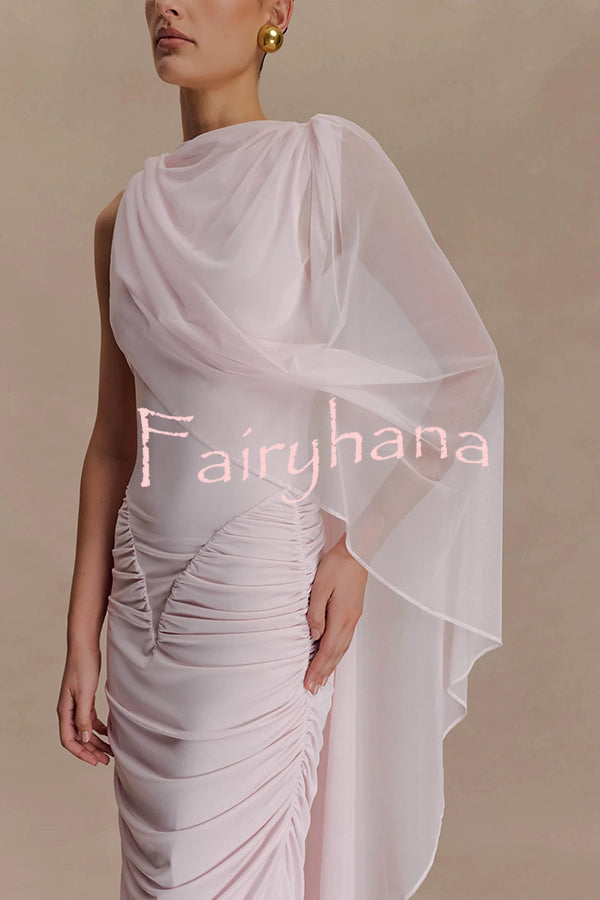 Fashionable Mesh Shawl Sleeveless Slim Fit Pleated Maxi Dress