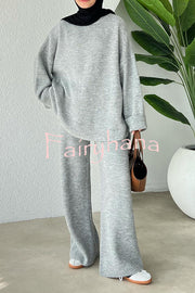 Solid Color Loose Long-sleeved Knit Top and Elastic Waist Casual Straight Leg Pants Set