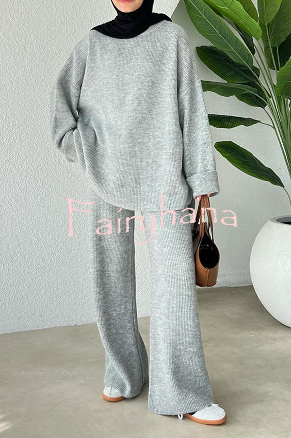 Solid Color Loose Long-sleeved Knit Top and Elastic Waist Casual Straight Leg Pants Set