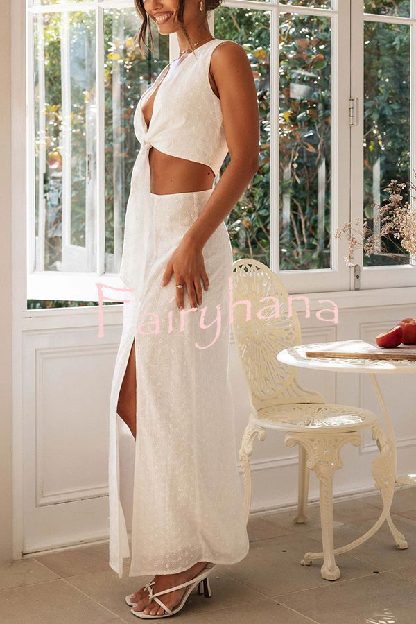 Solid Color Hollow Embroidery V-neck Lace-up Top and Slit Maxi Skirt Set