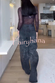Fashion Star Rhinestone High Rise Casual Pocket Straight Loose Jeans