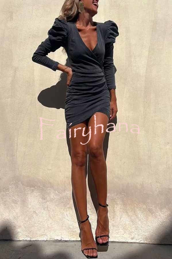 All The Best Denim Puff Sleeve Ruched Stretch Mini Dress