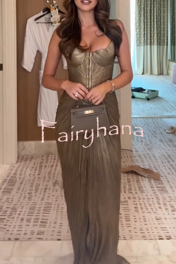 Vegas Queen Metallic Pleated Sculpted Bodice Back Lace-up Drape Maxi Dress