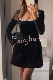 Endless Celebration Velvet Jewel Embellished Trim Long Sleeve Pocketed Mini Dress