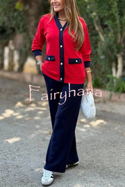 Stylish Color-blocked V-neck Knitted Button-down Cardigan and Elastic Waist Casual Wide-leg Pants Set