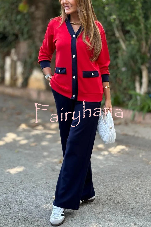 Stylish Color-blocked V-neck Knitted Button-down Cardigan and Elastic Waist Casual Wide-leg Pants Set