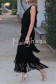 Stylish Fringed One Shoulder Asymmetric Midi Dress