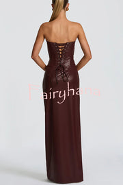 Alba Faux Leather Pleated Off Shoulder Neck Slit Stretch Maxi Dress