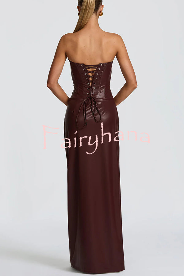 Alba Faux Leather Pleated Off Shoulder Neck Slit Stretch Maxi Dress