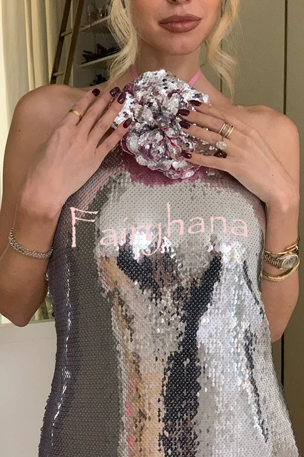 Moonlit Blooms Sequin Floral-appliqué Halter Neck Slit Gown Maxi Dress