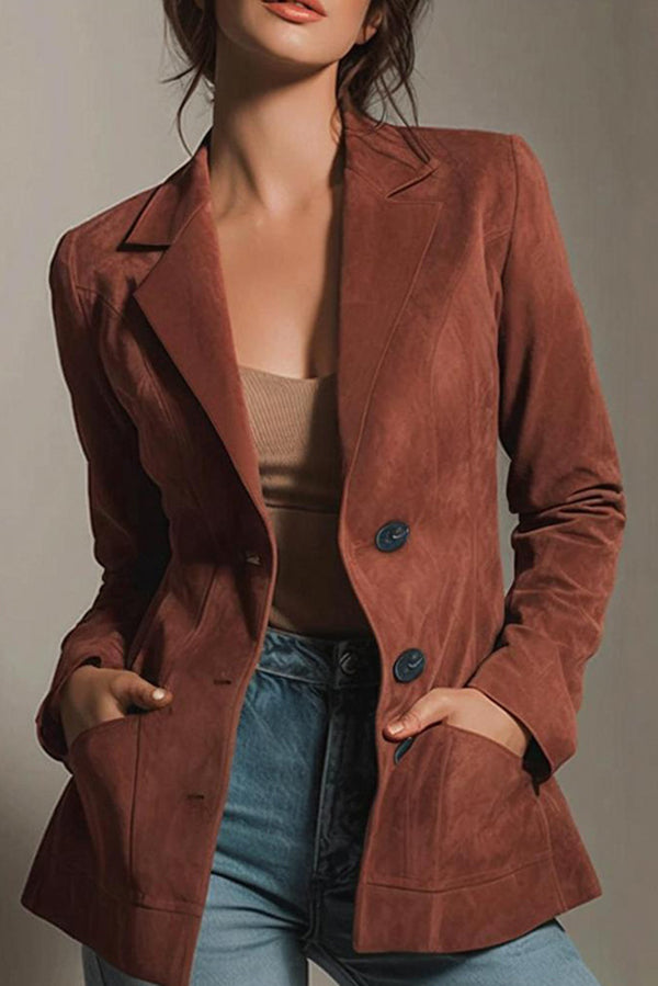 Fashion Lapel Long Sleeve Casual Pocket Suede Blazer