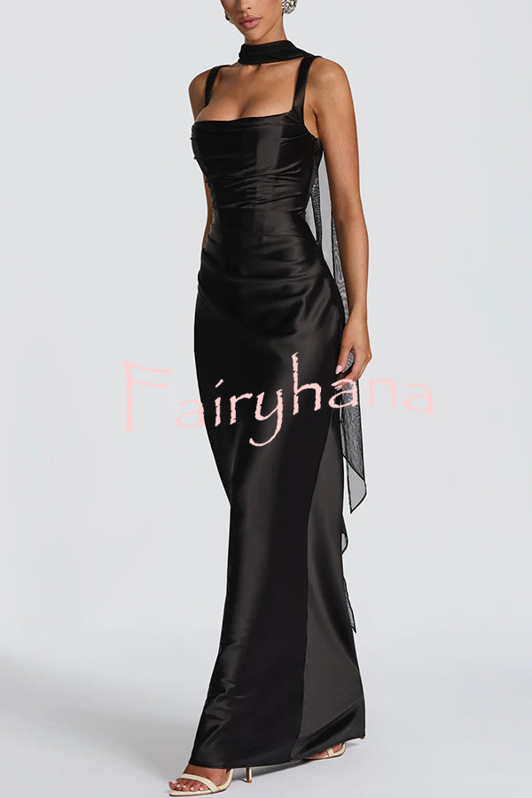 Calanthe Satin Square Neck Ruched Back Lace-up Drape Mesh Scarf Maxi Dress