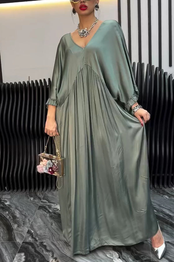 Satin Solid Color V-neck Lotus Leaf Sleeve Loose Pleated Maxi Dress