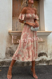 Pitaya Unique Print Off Shoulder Smocked Ruffle Sleeve Layered Midi Dress