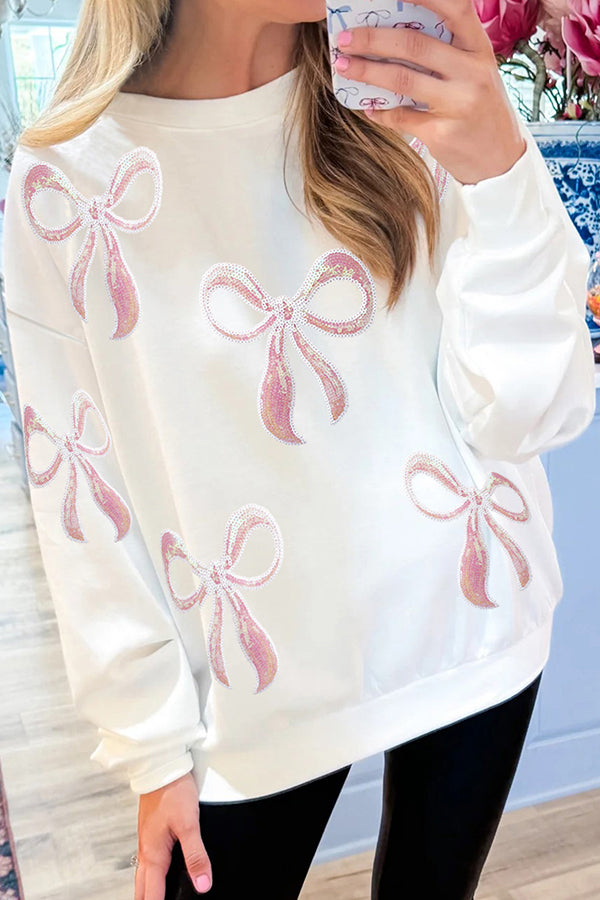 Christmas Pink Bow Sequin Loose Casual Long Sleeve Sweatshirt