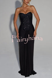 Carina Sequined and Satin Jersey Off Shoulder Ruched Knot Drape Maxi Dress