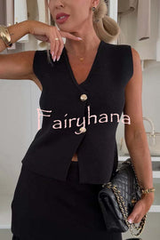 Stylish and Elegant Knit Gold Buttons V-neck Loose Vest