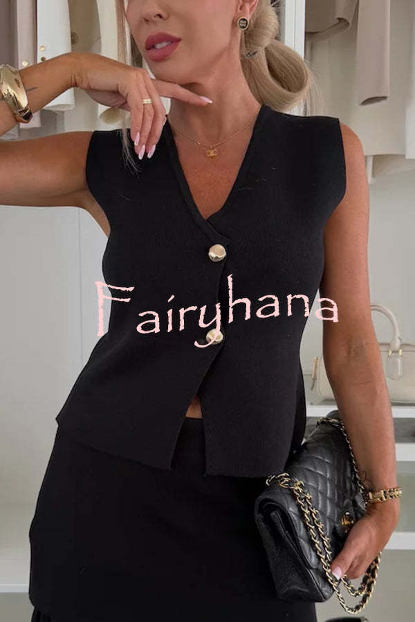 Stylish and Elegant Knit Gold Buttons V-neck Loose Vest