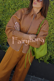 Pop of Brown Faux Leather Double Zipper Detail Balloon Sleeve Lapel Jacket