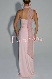 Carina Sequined and Satin Jersey Off Shoulder Ruched Knot Drape Maxi Dress