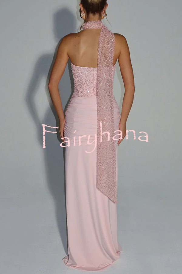 Carina Sequined and Satin Jersey Off Shoulder Ruched Knot Drape Maxi Dress