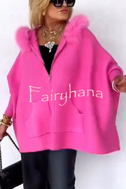 Warm Call Knit Long Sleeve Zipper Plush Hooded Pocket Loose Cardigan