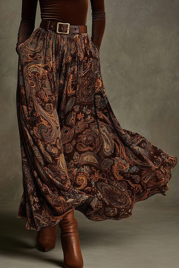 Stylish Velvet Long-sleeved Fitted Top and Unique Printed Casual Pocket Maxi Skirt Set