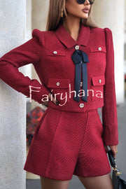 Sweet Dreams Tweed Bow Neck Button Long Sleeve Pocket Crop Jacket