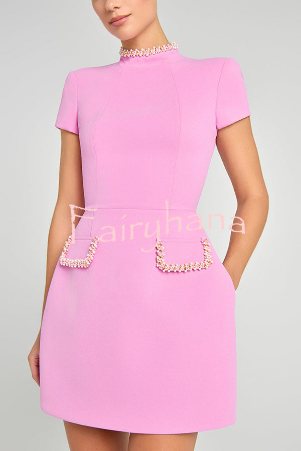 Sweet and Elegant Scent Pearl Trim Short Sleeve Pocketed Mini Dress