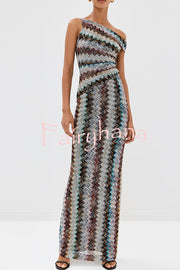 Cocktails and Vacation Knit Colorful Zigzag Pattern One Shoulder Slit Maxi Dress