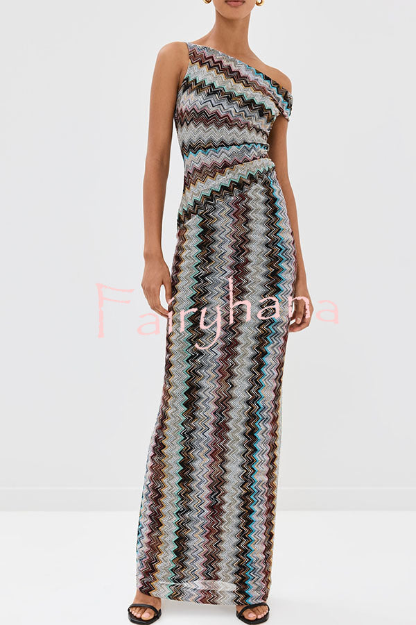 Cocktails and Vacation Knit Colorful Zigzag Pattern One Shoulder Slit Maxi Dress