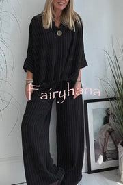 Fashion Striped Print Lapel Loose Top and Elastic Waist Casual Wide-leg Pants Set