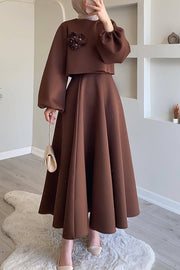 Solid Color Flower-embellished Lantern Sleeve Loose Top and Casual Maxi Skirt Set