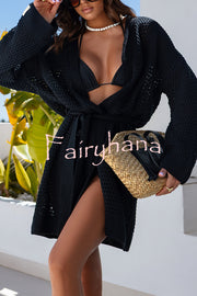 Solid Color Hollow Long Sleeve Loose Waist Tie Knitted Cardigan