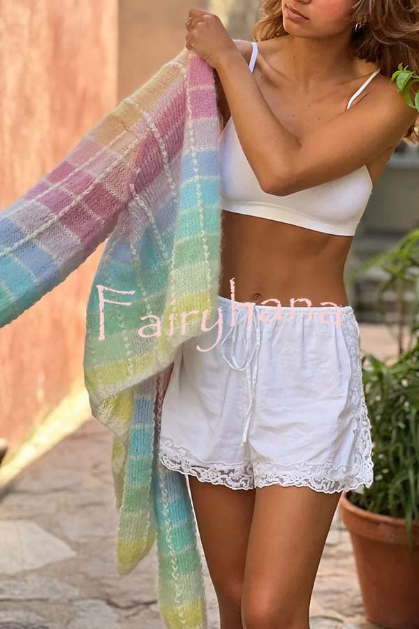 Palette Day Knit Color Blocks Open Front Balloon Sleeve Loose Cardigan