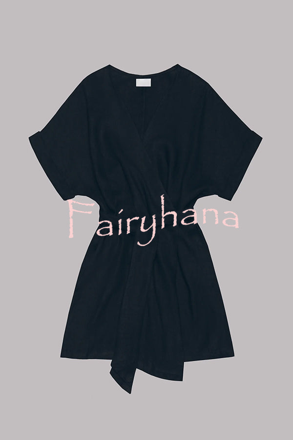 Breezy Retreat Cotton Linen Blend Pocketed Belt Kimono Mini Dress