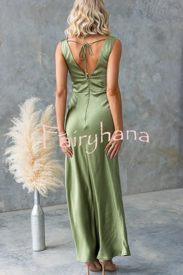 Chic Muse Satin Solid Color Cowl Neck Back Tie-up Maxi Dress