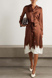 Oil Paint Unique Pattern Satin Button Long Sleeve Tie-up Shirt Midi Dress