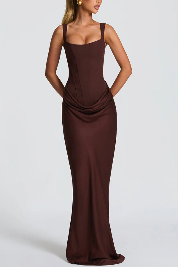 Larrah Square Neck Back Lace-up Satin Drape Hem Maxi Dress
