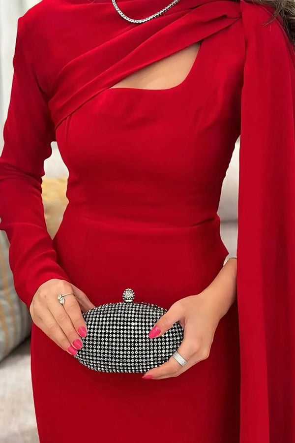 Solid Color Elegant Single Long Sleeve Ribbon Slim Maxi Dress