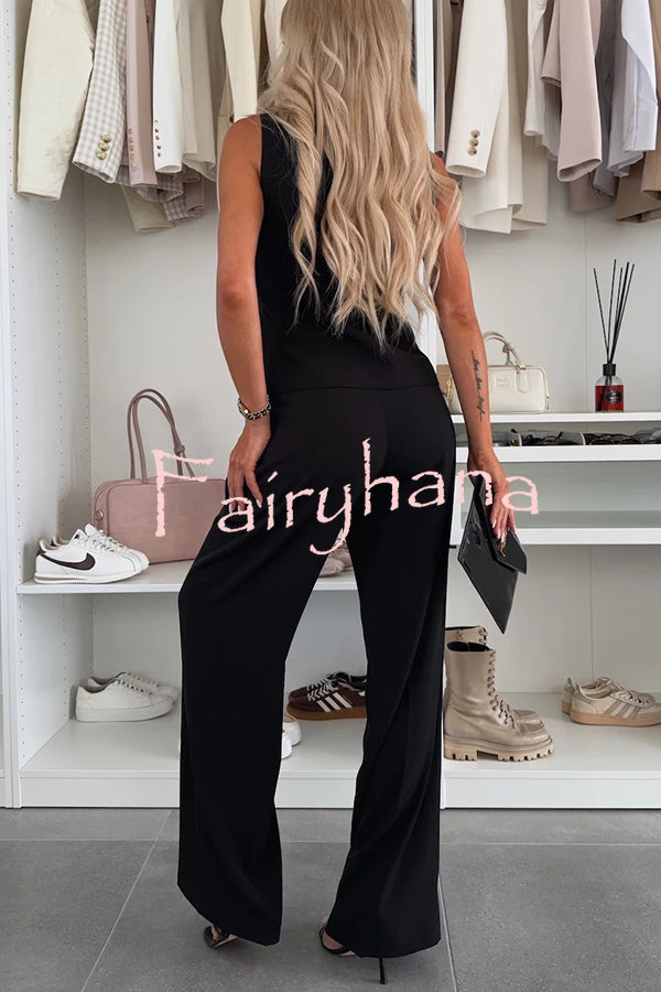 Workplace Chic Sleeveless Button Vest and Relaxed Pocket Wide Leg Pants Set