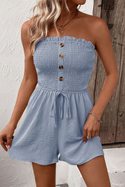 Solid Color Tube Top Button Pleated Casual Rompers